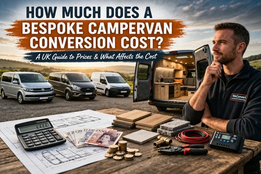 Featured image for a blog post about bespoke campervan conversion costs, showing a converted van, a man standing beside it, and headline text about pricing and what affects the cost.