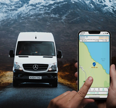 Van with GPS coordinates shown on a mobile phone.