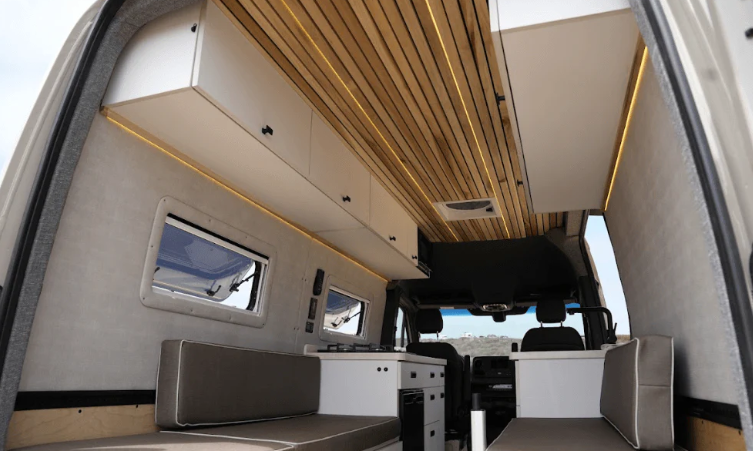 Inside a converted camper van